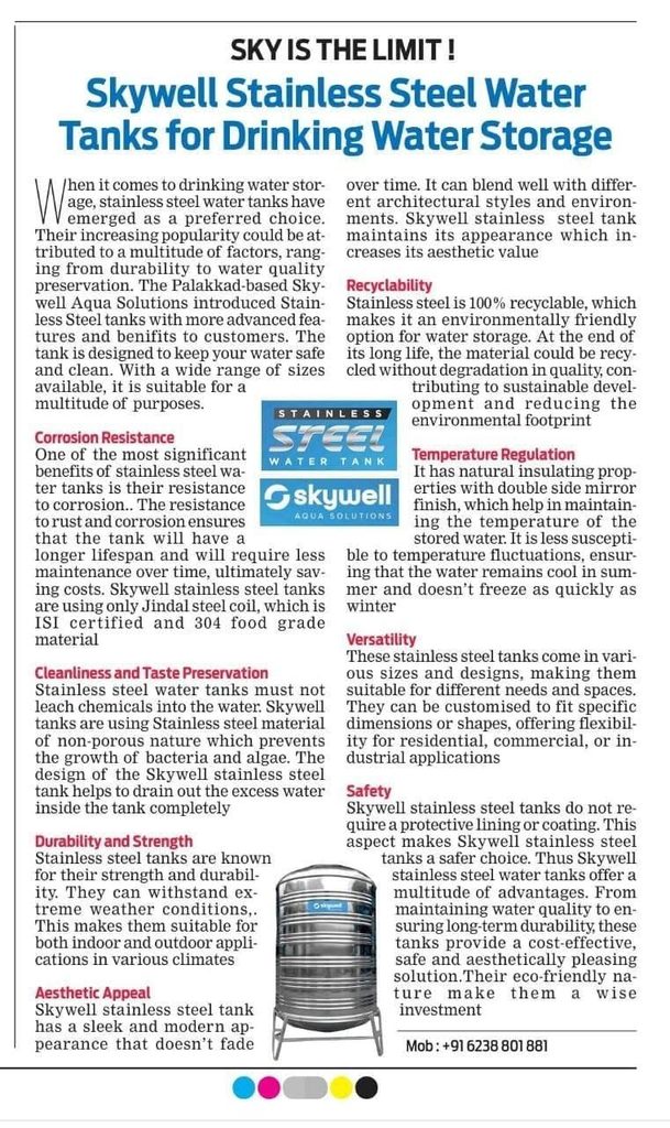 Stainless steel water tank featured in Thrissur edition 3 August 26 2924 2 IMAGE 1