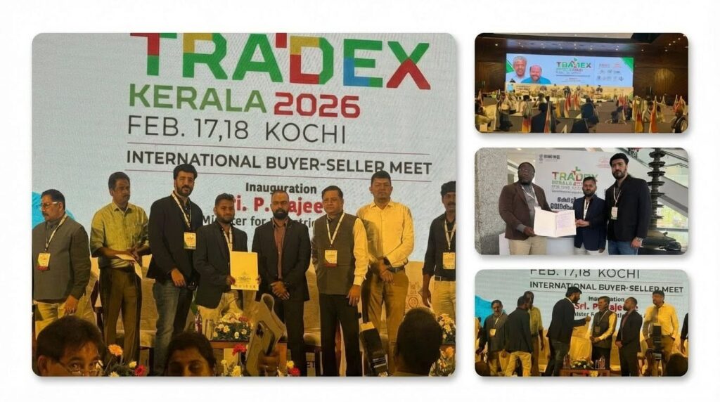 Skywell representatives signing a Cameroon-related MOU at TRADEX Kerala 2026 in Kochi