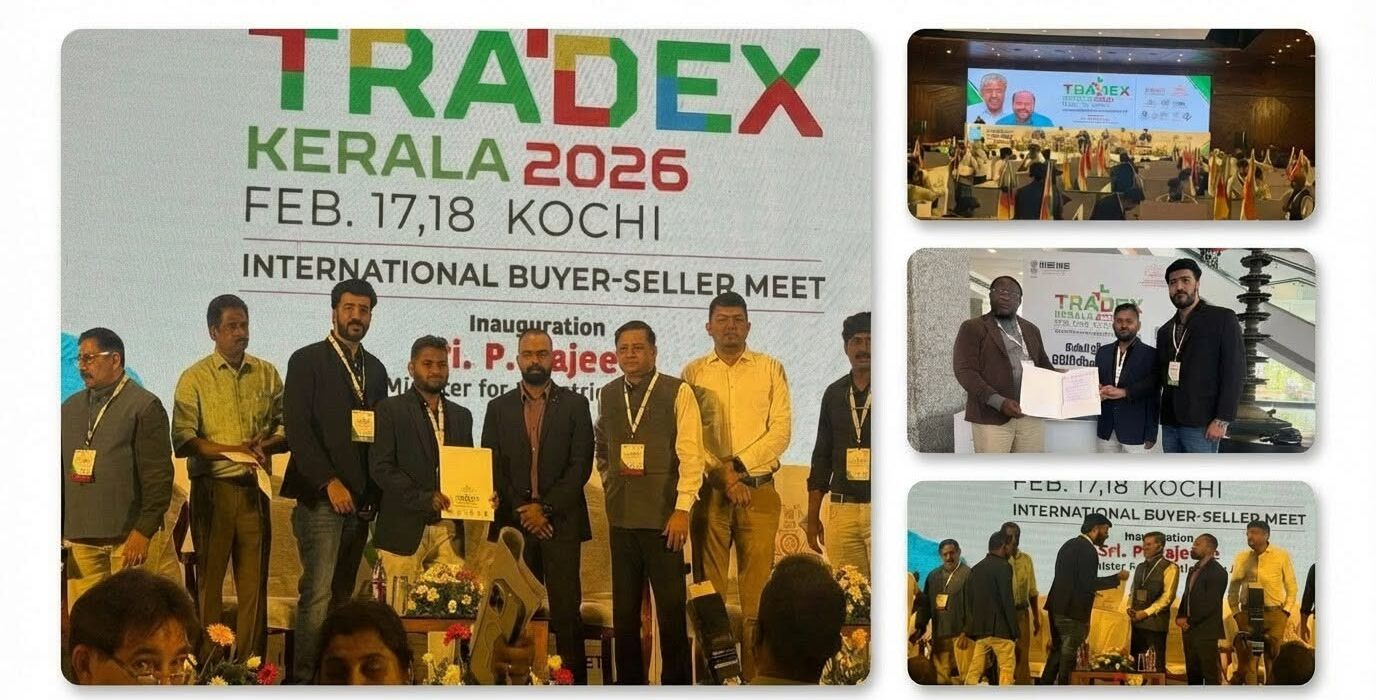 Skywell representatives signing a Cameroon-related MOU at TRADEX Kerala 2026 in Kochi