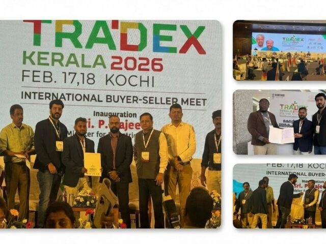 Skywell representatives signing a Cameroon-related MOU at TRADEX Kerala 2026 in Kochi