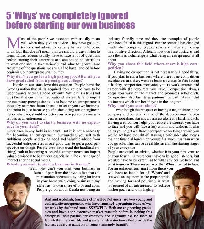 Skywell water tanks launched in Palakkad in 2017 2 Photo accompanying a February 2020 article by Skywell Aqua Solutions promoters.