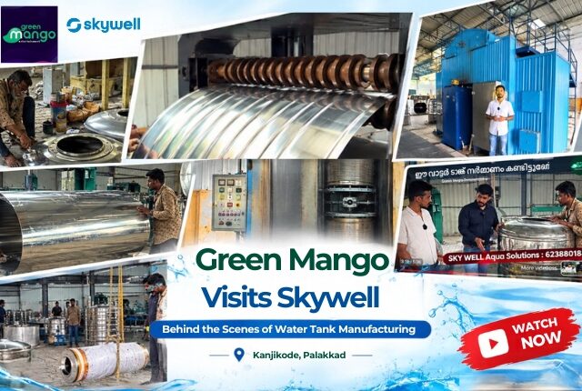 Green Mango representatives visiting the Skywell plant and viewing a stainless steel water tank during manufacturing.