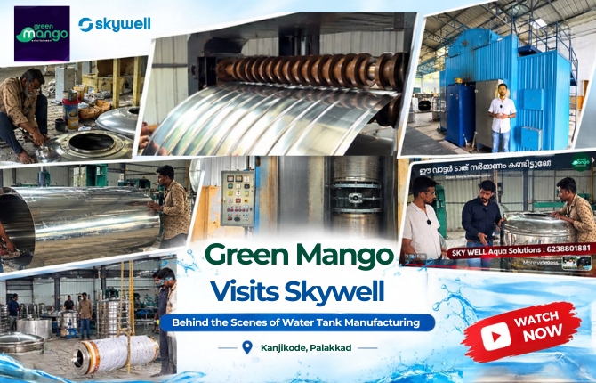 Green Mango representatives visiting the Skywell plant and viewing a stainless steel water tank during manufacturing.
