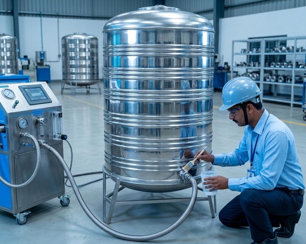 Quality checking of Stainless Steel Water Tank inside manufacturing company