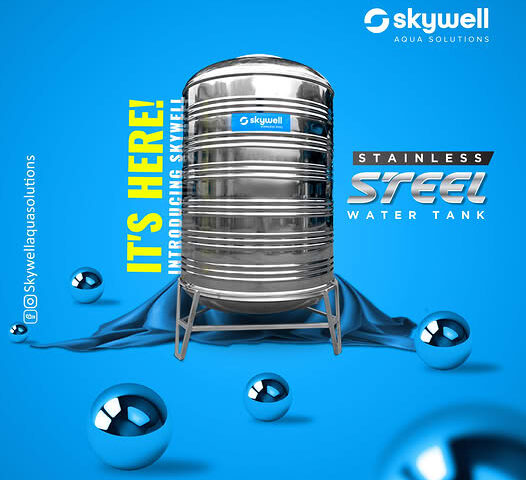 Stainless steel Skywell water tank on a metal stand against a blue graphic background.