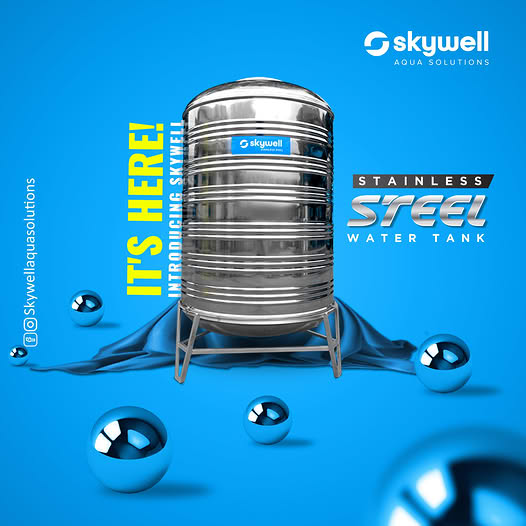 Skywell introduces stainless steel water tank in Palakkad 1 Stainless steel Skywell water tank on a metal stand against a blue graphic background.