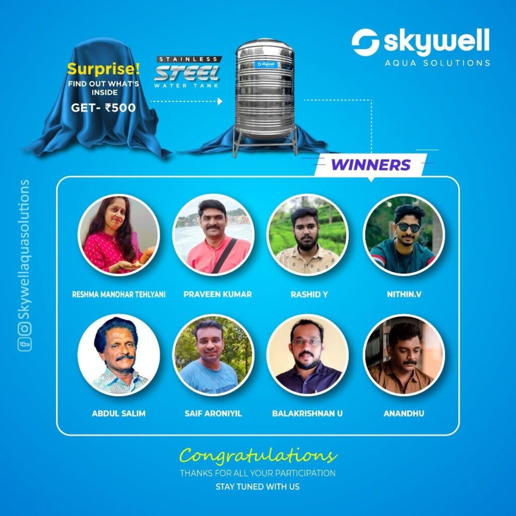 Skywell announces stainless steel tank winners in July 2022 2 Blue Skywell graphic showing a stainless steel water tank and eight winners with profile photos.