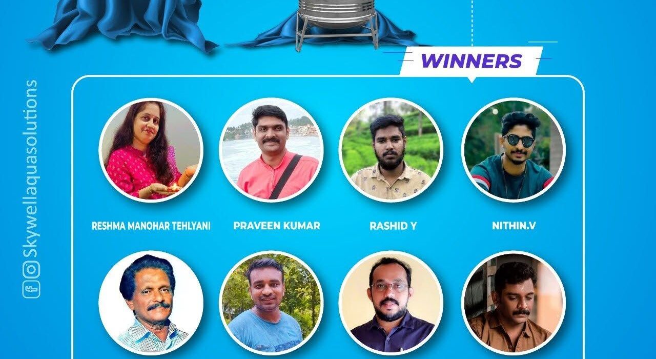 Skywell announces stainless steel tank winners in July 2022 1 Blue Skywell graphic showing a stainless steel water tank and eight winners with profile photos.