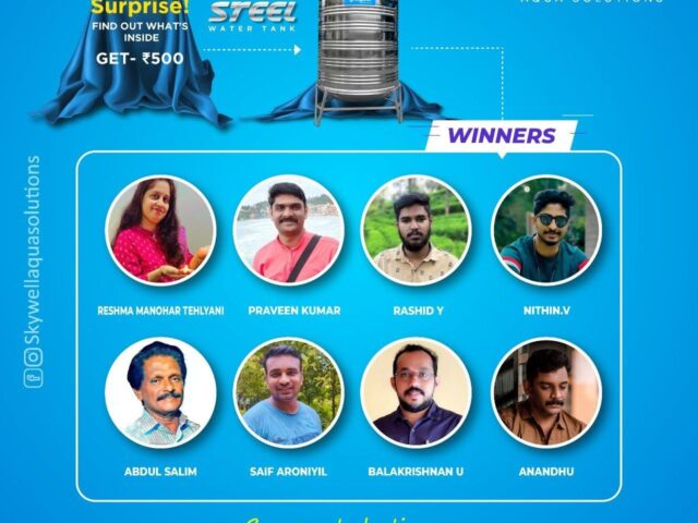 Blue Skywell graphic showing a stainless steel water tank and eight winners with profile photos.