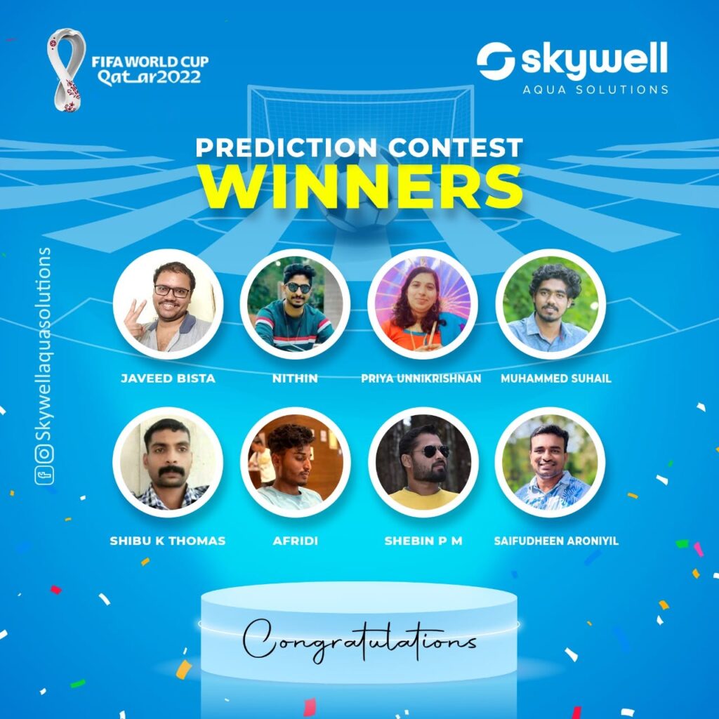 Skywell contest winners announced in December 2022 2 Skywell prediction contest winners graphic showing eight winner portraits and the FIFA World Cup Qatar 2022 logo.
