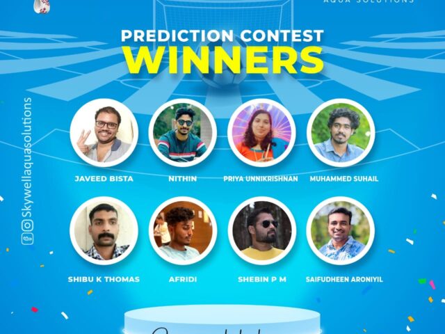 Skywell prediction contest winners graphic showing eight winner portraits and the FIFA World Cup Qatar 2022 logo.